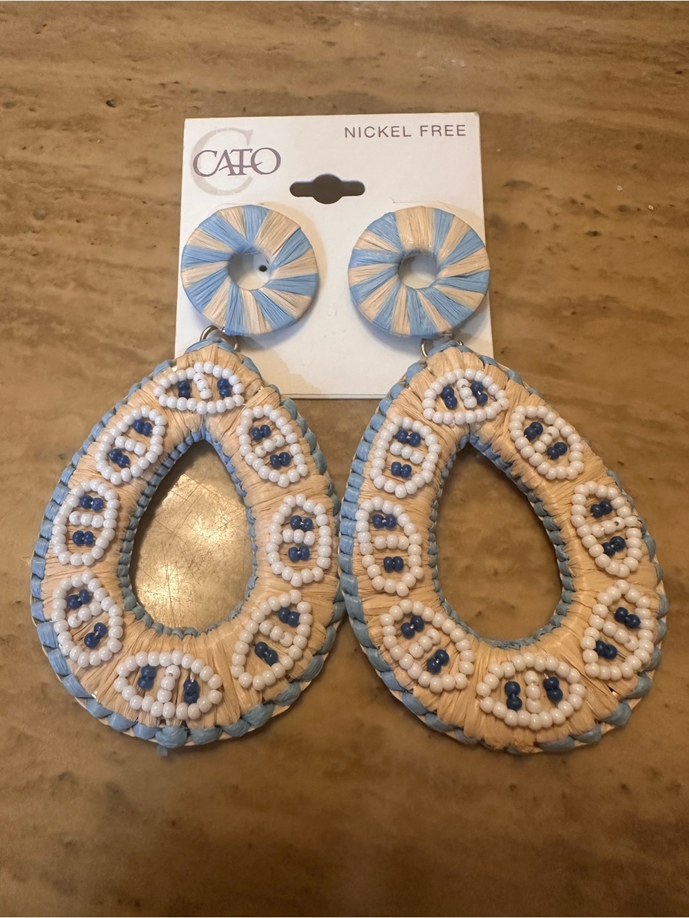 CATO Blue, Cream and white beaded dangling earrings.